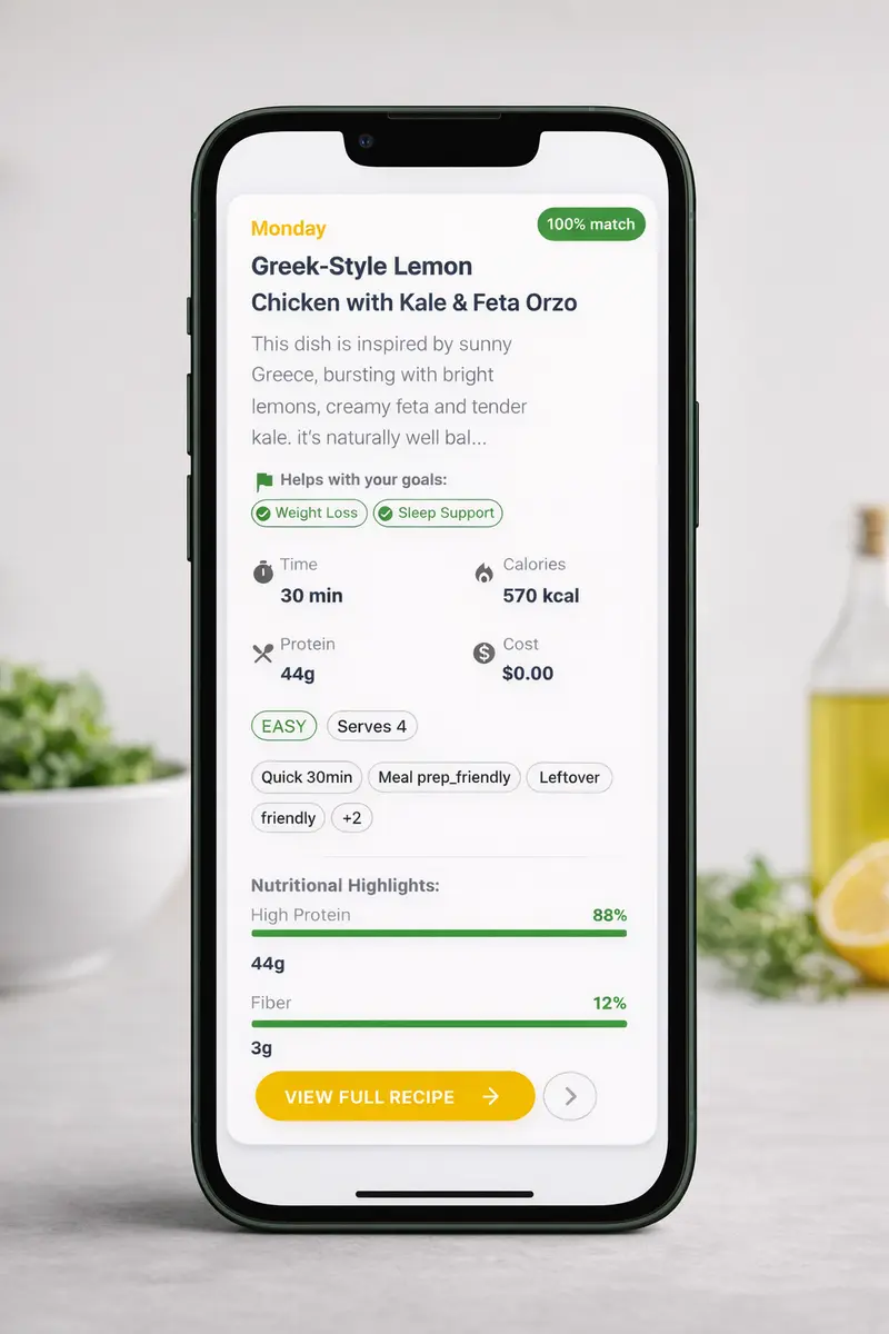 Recipe card with nutritional information